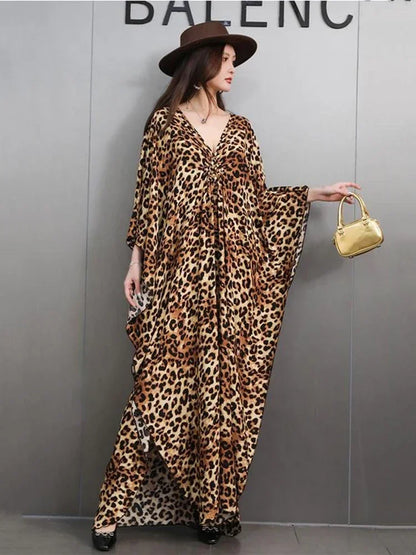 XITAO Leopard Batwing Sleeve Side Split V-neck Dress Pullover Loose Vintage Slim Fashion Ankle-Length All Match Dress GMM1239