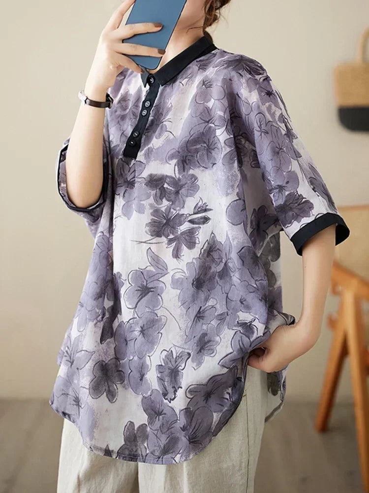 XITAO Loose Casual Thin Shirt Vintage Print Batwing Sleeve Irregular Fashion 2024 Spring Women New Pullover Shirt Top DMJ2343