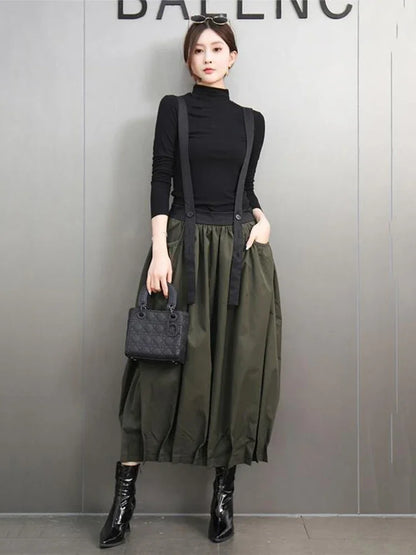 XITAO Suspenders Contrast Color Pocket Skirts Elastic Waist Patchwork Loose Fashion Mid-calf Casual All Match Skirt GMM1259