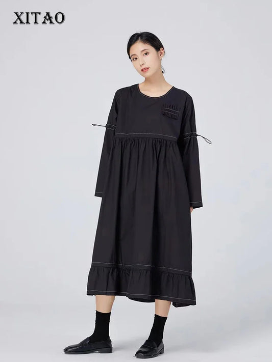 XITAO Drawstring Fold Dress Solid Color Casual Loose Fashion Long Sleeve O-neck Collar Simplicity Women WMD2745