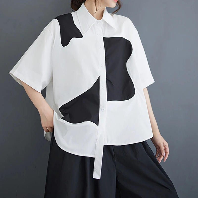 XITAO Asymmetrical Contrast Color Women Shirt Turn-down Collar Single Breasted Short Sleeve All Match Tops 2024 Summer ZY8798