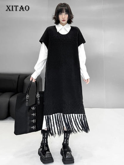 XITAO Tassel O-neck Half Sleeve A-line Dress Casual Mid-calf Pullover Hong Kong Knitting Solid Color Autumn Female Dress GYX1702