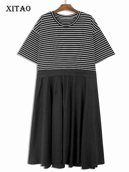 XITAO O-neck Striped Patchwork A-line Dress Drawstring Slimming Loose Casual Pullover Fashion Women New 2024 Dress DMJ4108