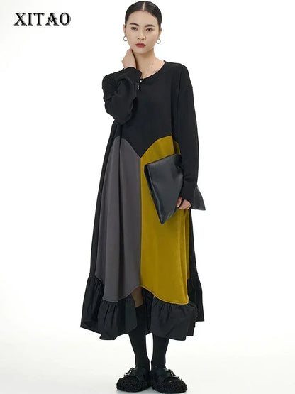 XITAO Loose Casual Dress Full Sleeve Asymmetrical Patchwork Fashion Contrast Color Women New All-match Dress DMJ2787