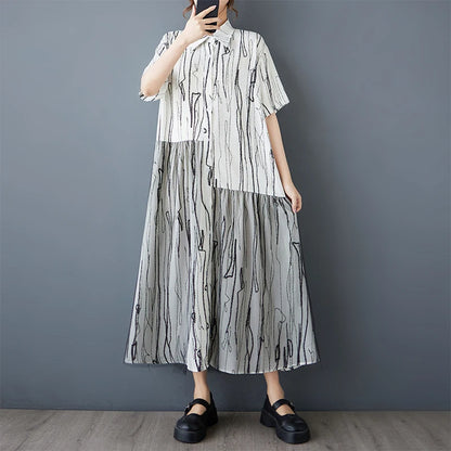 XITAO Casual Patchwork Mesh Print Women Dress Solid Color Half Sleeve Mid-calf Loose A-line 2024 Summer Female Dress GMM1129