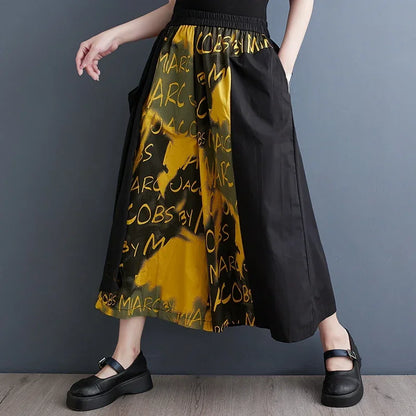 XITAO Gauze Patchwork Print Letter Pants Loose Elastic Waist Ankle-length Pants Show Thin 2024 Spring Summer New Arrival DMJ2340