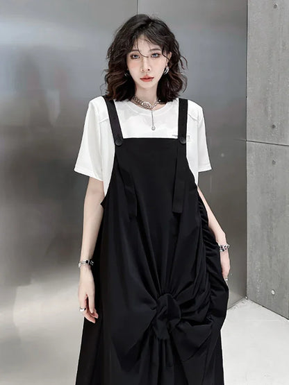 XITAO Black Folds Female Straps Dress Loose Fashion Simplicity Temperament Sleeveless Women Dress Summer New Slip Dress DMJ1452