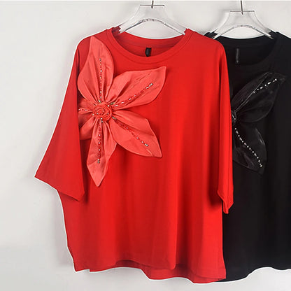 XITAO O-neck Half Sleeve T-shirt Three Dimensional Decoration Floral Temperament Diamonds Decoration Women T-shirt HJH31387