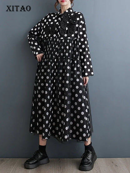 XITAO Vintage Casual Folds Shirt Dress Personality Bow Patchwork Women Spring New Arrival Loose Dot Simplicity Dress LYD1282