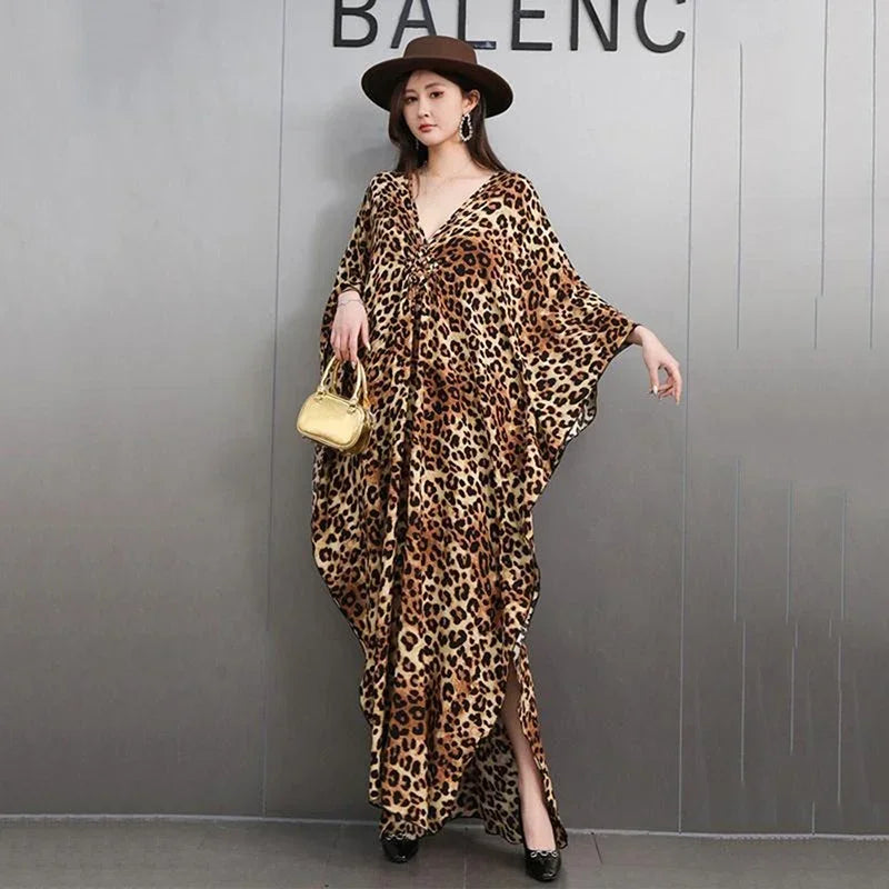 XITAO Leopard Batwing Sleeve Side Split V-neck Dress Pullover Loose Vintage Slim Fashion Ankle-Length All Match Dress GMM1239