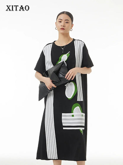 XITAO Striped Print O-neck Loose Dress Pocket Pullover Show Thin Summer New Arrival Fashion Temperament All Match WLD11670