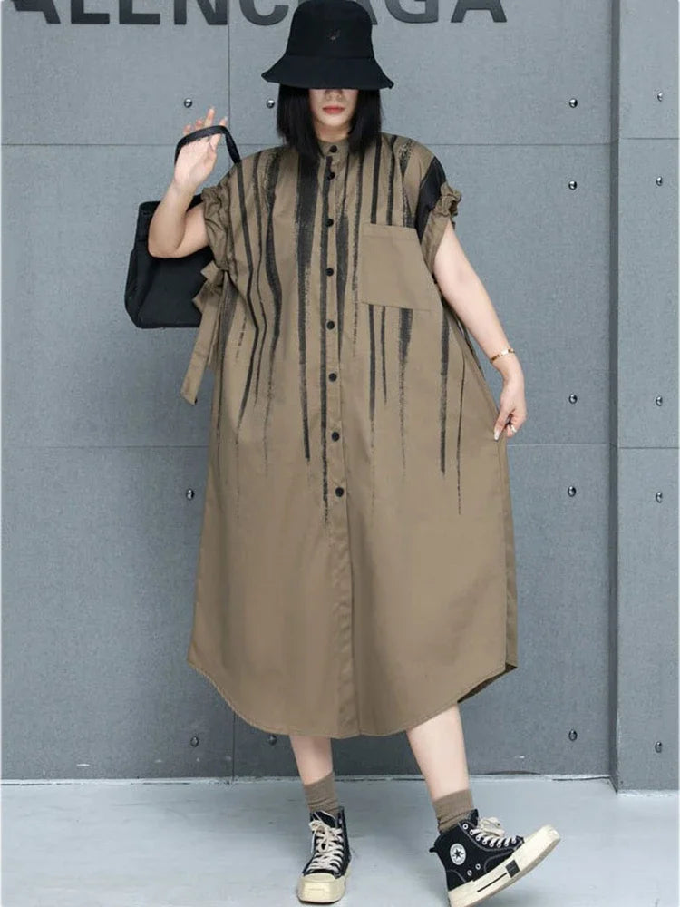 XITAO A-line Casual Print Mid-calf Solid Color Stand Collar Dress Fashion Slimming Loose Fitting Summer Women Dress GMM1054