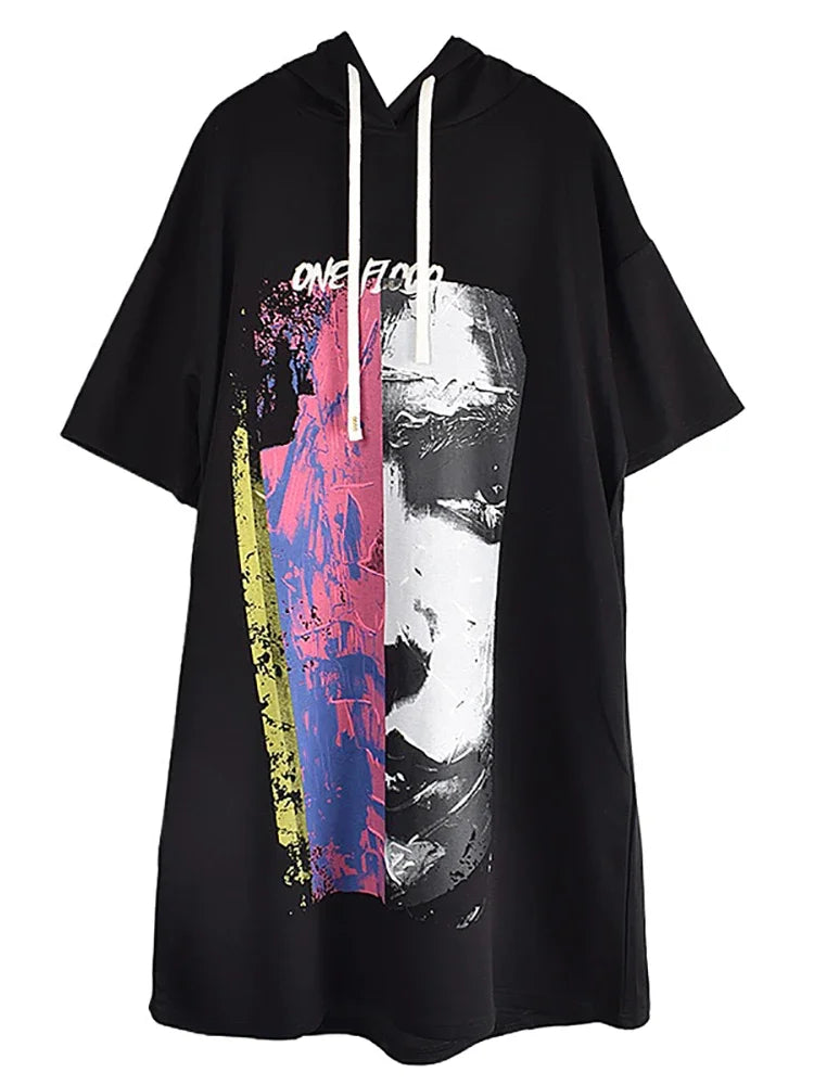 XITAO Rope Hooded Printing Knee-length Dress Casual Loose Fitting Fashion Half Sleeve Solid Color Summer Women Dress GMM1200