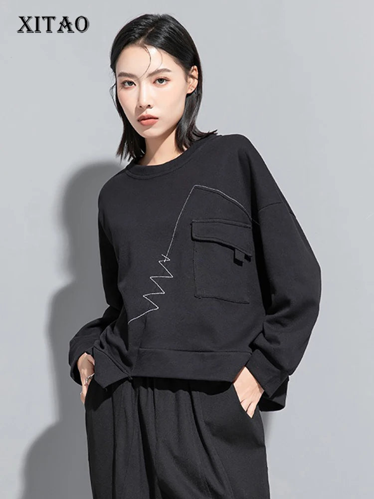 XITAO Pocket Patchwork O-neck Pullover Sweatshirts Solid Coilor Long Sleeve Personality All Match Tops 2024 Autumn Casual LJ1002