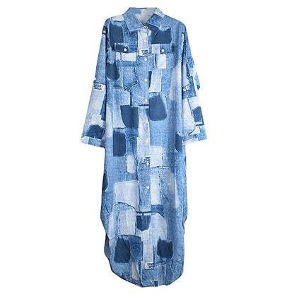 XITAO Color Block Print Shirt Dress Appear Thin Fashion Casual Loose Temperament Turn-down Collar Single Breasted Dress HQQ0427