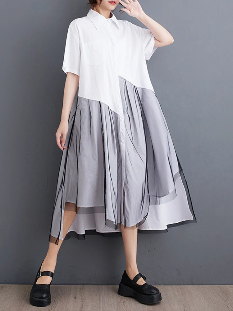 XITAO Irregular Shirt Dress Simplicity Casual Mesh Patchwork Asymmetrical Hem 2024 Summer New Turn-down Collar Dress LYD1908