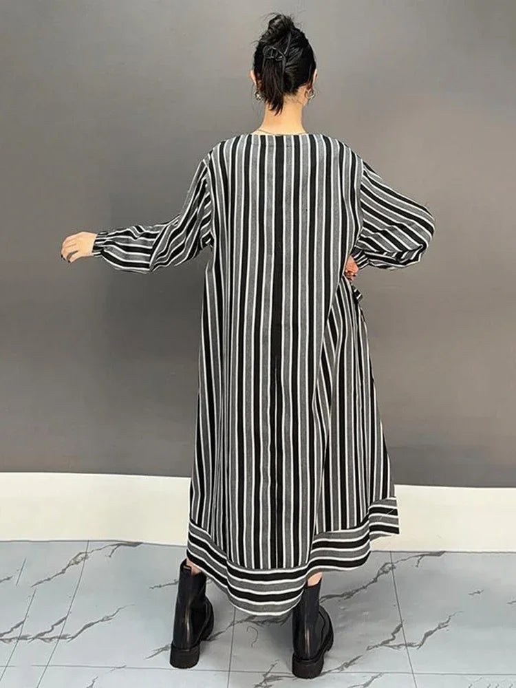 XITAO Striped Contrast Color Patchwork O-neck Dresses Long Sleeve Pullover Loose Slimming Fashion Casual 2024 Autumn GYX1004