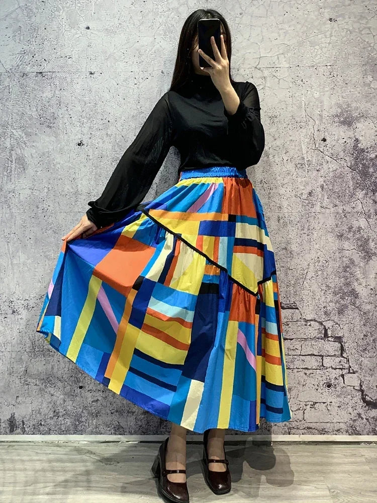 XITAO Contrast Color Skirts Irregular Folds Splicing A-line Skirt Personality New Fashion Casual Trendy All-match Women WMD5493