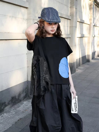 XITAO Contrast Color Gauze Asymmetrical T-shirt O-neck Patchwork Short Sleeve Pullover Loose All Match Slim Casual Top GJ1139