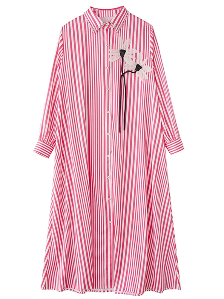 XITAO Stripe Single Breasted Lapel Flower Dress Casual Full Sleeve Loose Fitting New Simple Ankle-length Women Dress ZY8927