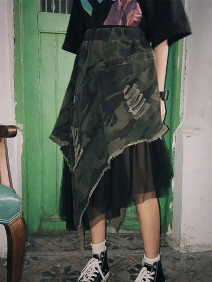 XITAO Camouflage Mesh Splice Long Skirt Street Asymmetrical High Waist Summer Clothes for Women Fashion Loose Casual  XJ1689