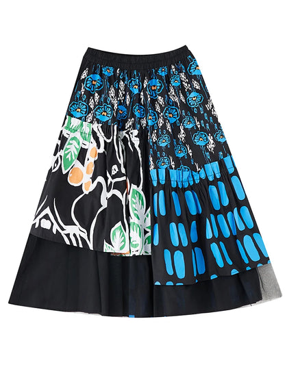 XITAO Gauze Patchwork Print Asymmetrical Skirt Elastic Waist Loose Fashion Slimming All Match Skirts Autumn New GMM1204