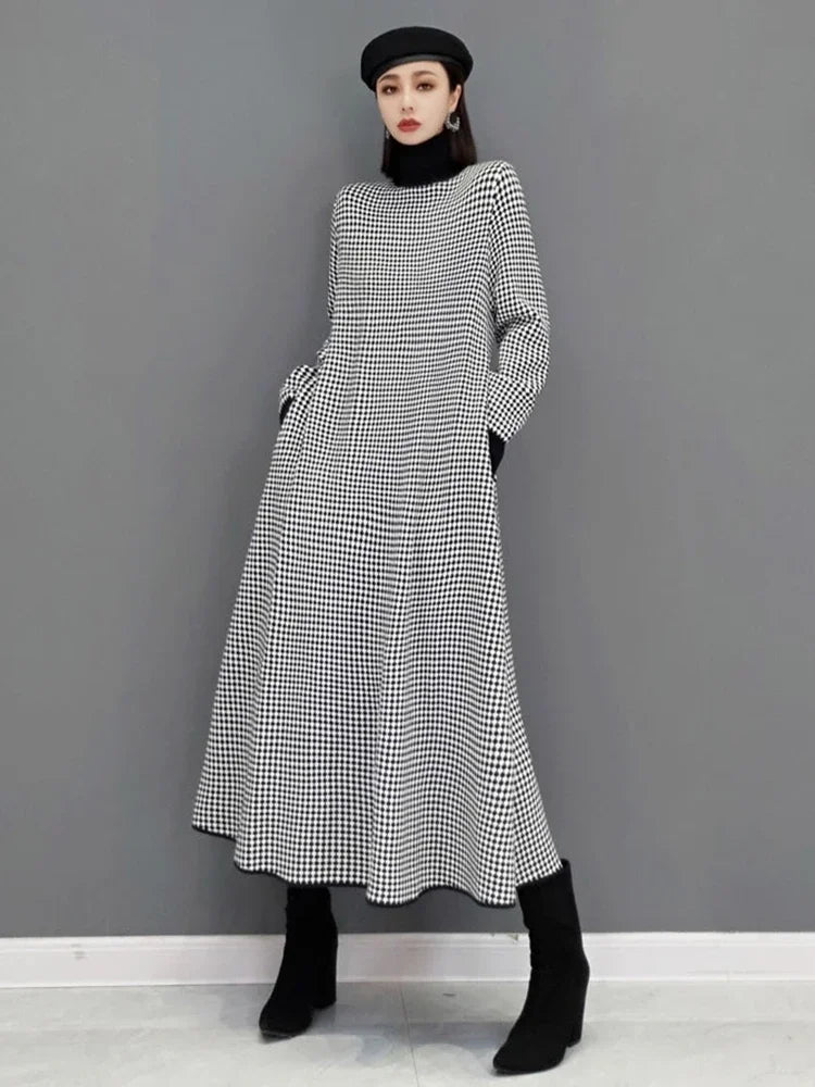 XITAO Korea Plaid Pattern Dress Spring New Fashion Long High Collar Long Sleeve Casual Loose Temperament Women GWJ0533