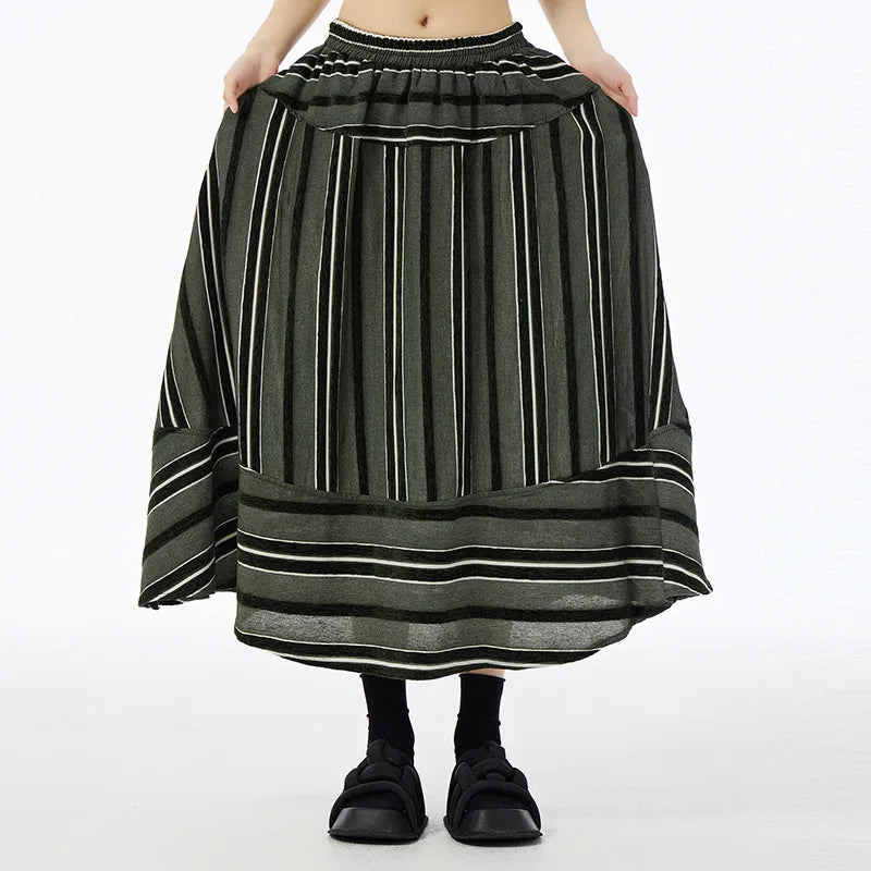 XITAO Striped Patchwork Elastic Waist Skirts A-line Loose Fashion Ankle-Length All Match Casual Skirts 2024 Autumn New HJF91533