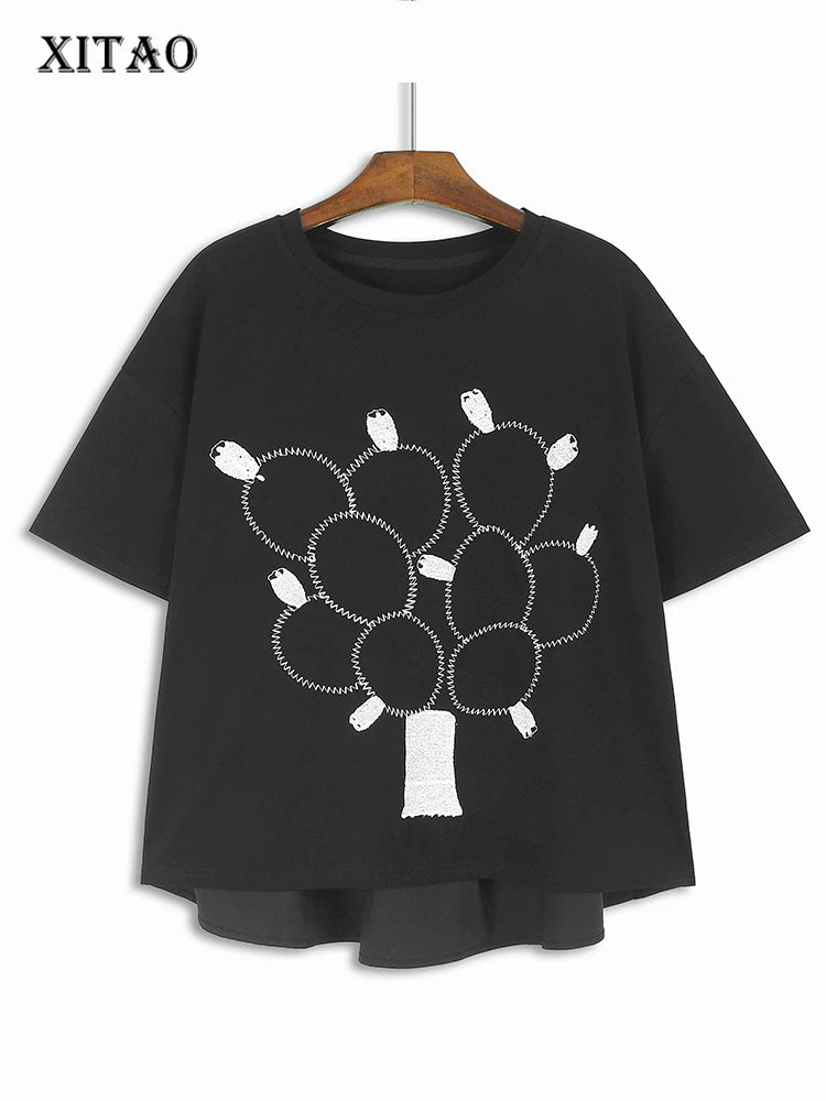 XITAO Embroidered Balloon Round Neck T-shirt Short Sleeved Loose Casual All Match Fashion Summer Women New Top LYD1819