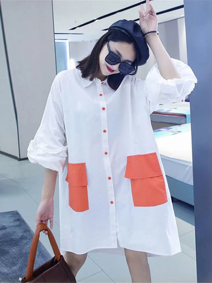 XITAO Irregular Long Shirt Splicing Contrast Color Pocket Loose Fashion Casual Women New Three Quarter Lantern Sleeve GWJ2290