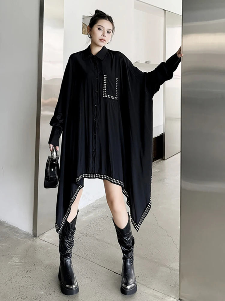 XITAO Asymmetrical Rivet Single Breasted Shirt Dresses Turn-down Collar Batwing Sleeve Loose Fashion Dress 2024 Autumn LJ1017