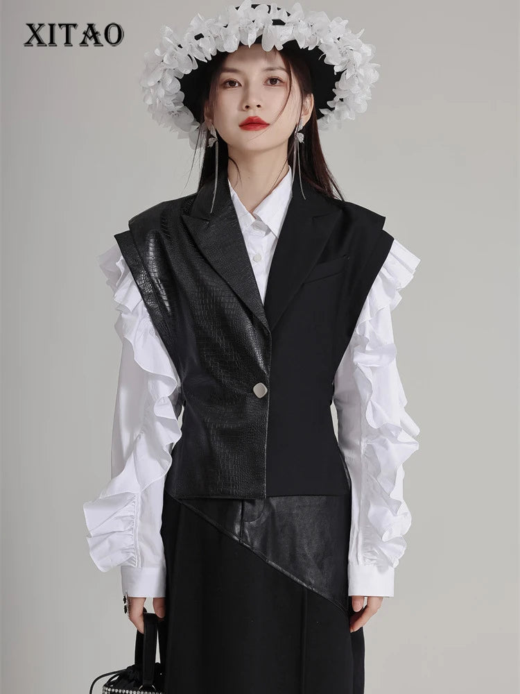 XITAO Faux Leather Patchwork Vests Hollow Out Sleeveless Loose Fashion V-neck Collar Single Breasted Women Vests LYD1733