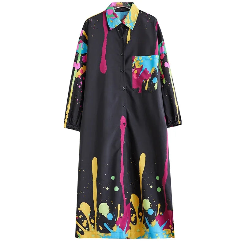 XITAO Loose Print Casual Shirt Dress Full Sleeve Fashion Turn Down Collar Single Breasted Autumn Women New Dress LYD1001