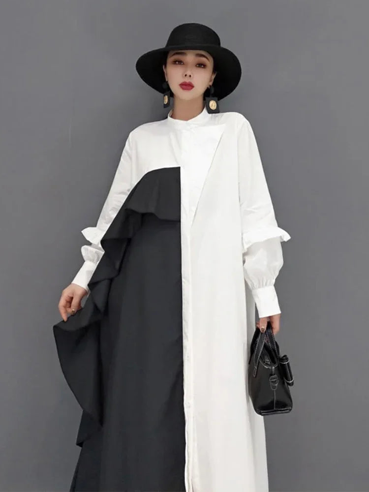 XITAO Asymmetrical Shirt Dress Splicing Contrast Color Ruffles Temperament Fashion Stand Collar Women Spring New GWJ3094