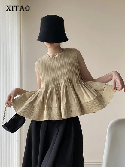 XITAO Sleeveless Pleated Shirt Solid Color Fashion Simplicity O-neck Collar Temperament Top Summer All-match New HQQ0236