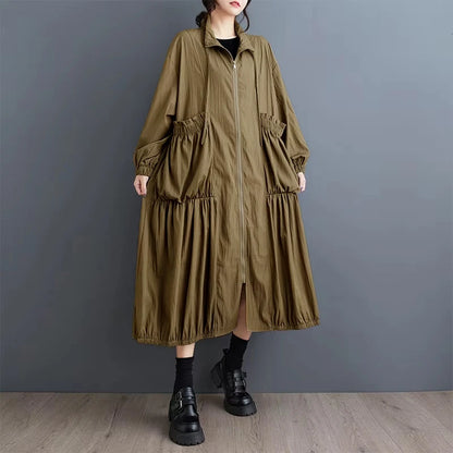 XITAO Zipper Patchwork Pocket Stand Collar Trench Solid Color Long Sleeve Loose Korea Fashion Long Coat 2024 Autumn New GYX1029