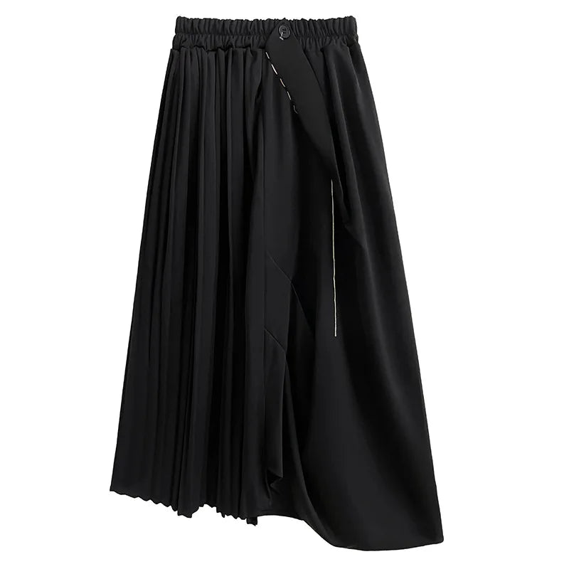 XITAO Asymmetrical Folds Patchwork Skirts Solid Color Elastic Waist Loose A-line Mid-calf Casual Skirts Spring New DMJ3934