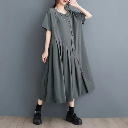 XITAO Double Breasted Fold Pullover Dress Solid Color O-neck A-line Loose Mid-calf Casual Slimming Dress 2024 Summer New DMJ4177