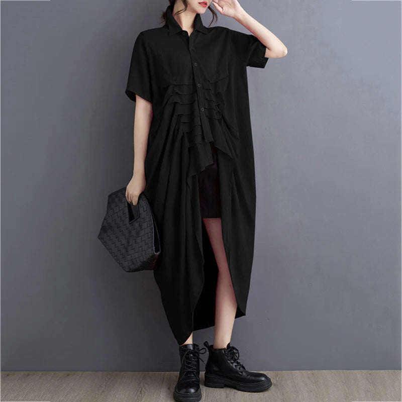 XITAO Asymmetric Single Breasted Dress Half Sleeve Casual A-line Personality Turn-down Color Solid Color Female Dress HJF1231