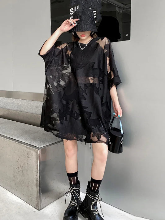 XITAO Solid Color Hollow Out Lace O-neck Loose Dress Summer New Casual Fashion Temperament All Match Show Thin WMD7032