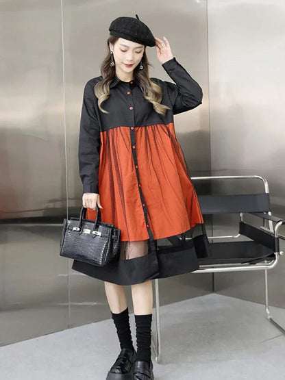 XITAO Patchwork Mesh Single Breasted Shirt Dress Loose Long Sleeve Spring New Arrival Casual Fashion All Match FBB1629