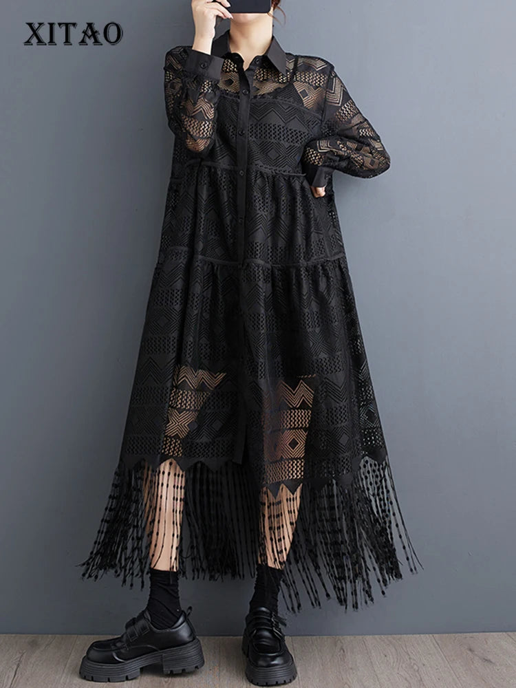 XITAO Casual Solid Color Hong Kong New Arrival A-line Dress Tassel Turn-down Collar Mid-calf Autumn Female Lace Dress ZYY1116