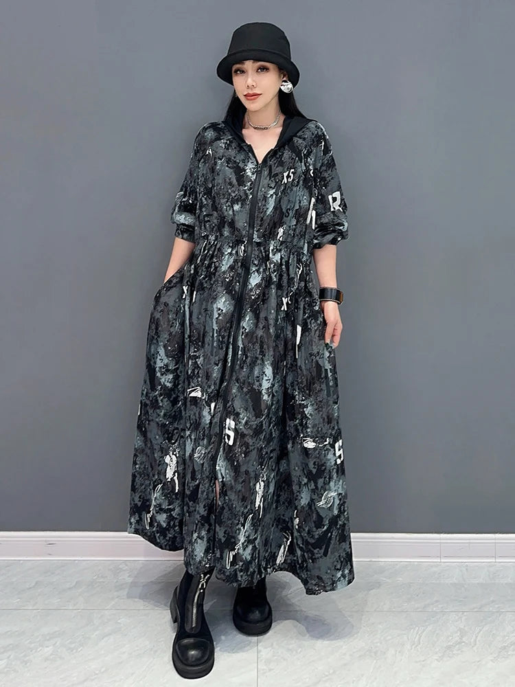 XITAO Hooded Print Sun-proof Dress Casual Fashion Zipper Splicing Long Sleeve Women 2024 Summer New Loose Blouse Dress ZY8795