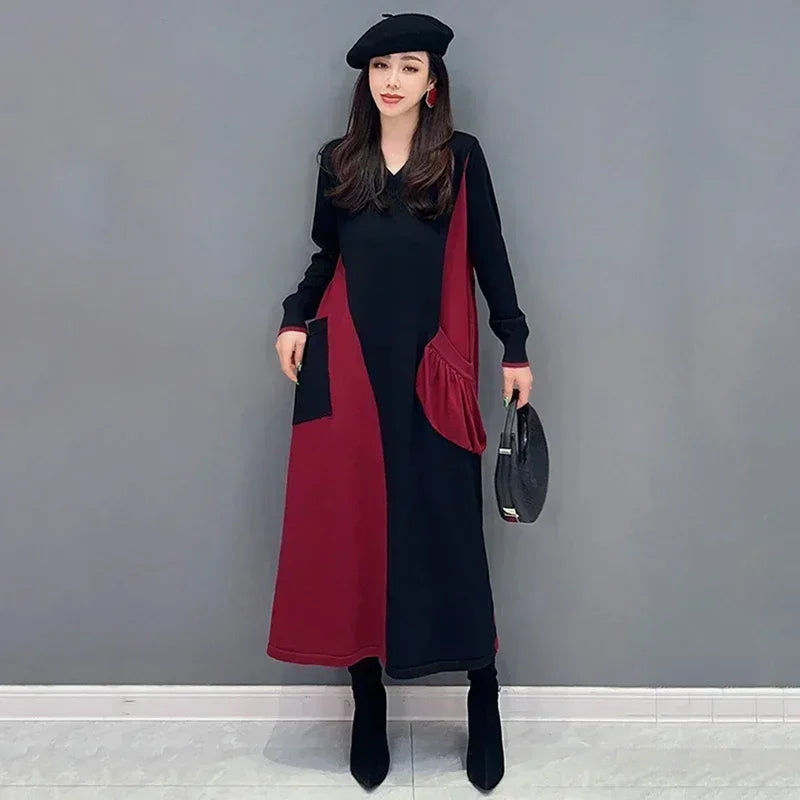 XITAO Patchwork V-neck Knitting Dress Loose Slimming Trend Pocket Women Spring All-match Contrast Color Elegant Dress HQQ1858