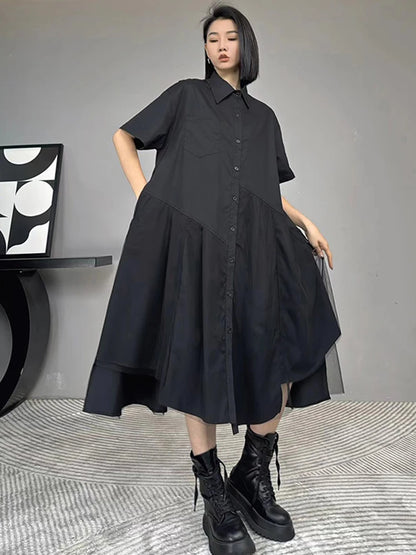 XITAO Gauze Patchwork Short Sleeve Shirt Dress Irregular Temperament Loose Casual Solid Color 2024 Women New Dress ZY8658