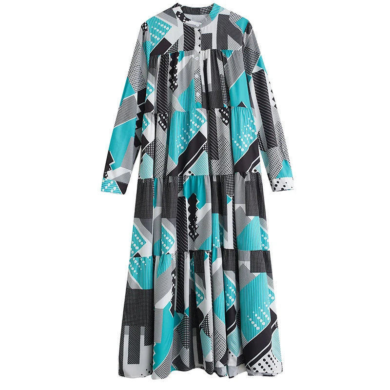 XITAO Long Sleeve Dress Geometric Contrast Color Print Loose Fashion Casual Women Temperament Simplicity Shirt Dress HQQ2257