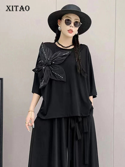 XITAO Loose Half Sleeve Female T-shirt Floral Temperament Diamonds Decoration Women Summer New Casual Simplicity Top HJH31387