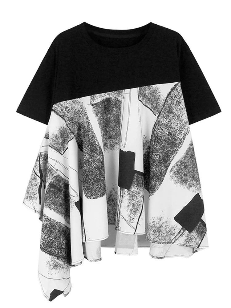 XITAO Print Patchwork Asymmetrical T-shirts O-neck Loose Short Sleeve Loose Slimming Casual Tops 2024 Summer New GJ1020