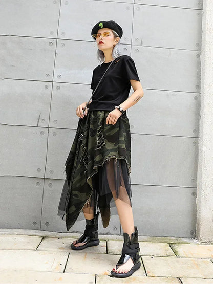 XITAO Pleated Leopard Lace Midi Skirt Women Irregular Print Pole Wild Joker Summer Punk Style Korea Fashion New  XJ1689