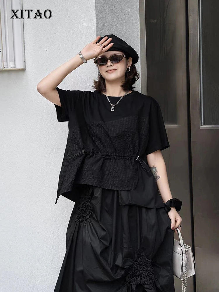 XITAO Irregular Splicing Short Sleeves T-shirt Solid Color Drawstring O-neck Fashion Casual Summer Women Pullover Top GJ1009